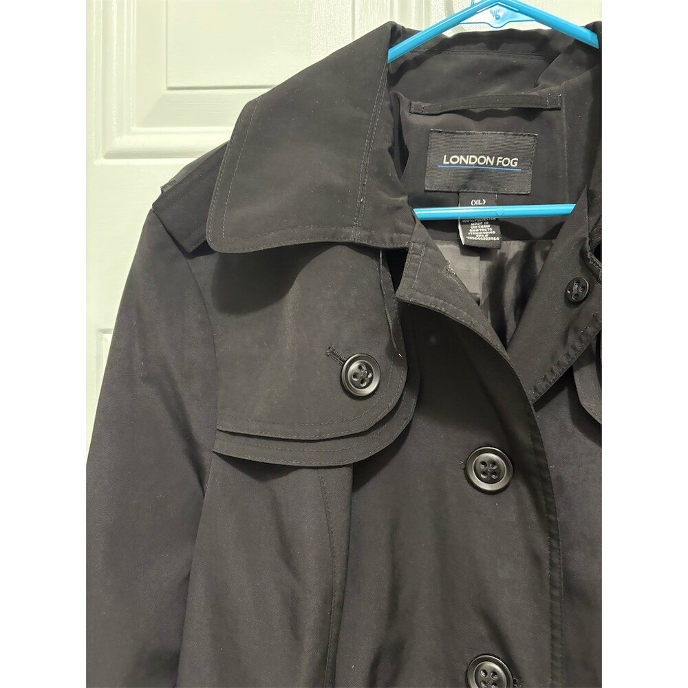 London Fog Trench Coat Womens XL Black Short Button Front Shoulder Pads - Picture 2 of 8